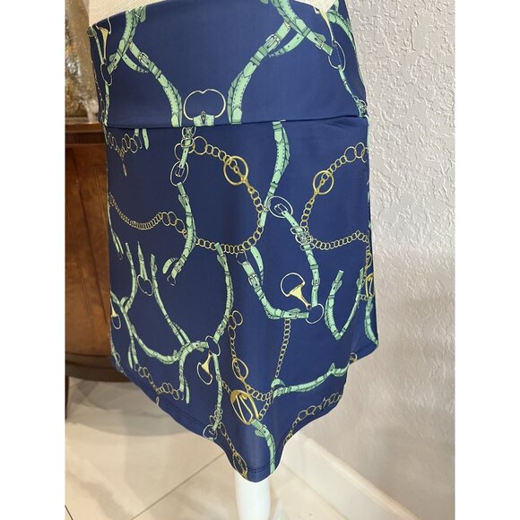 Tina + Jenna Chain Print Blue Stretchy Mini Skirt Gold & Green Accents Size L - Picture 2 of 6